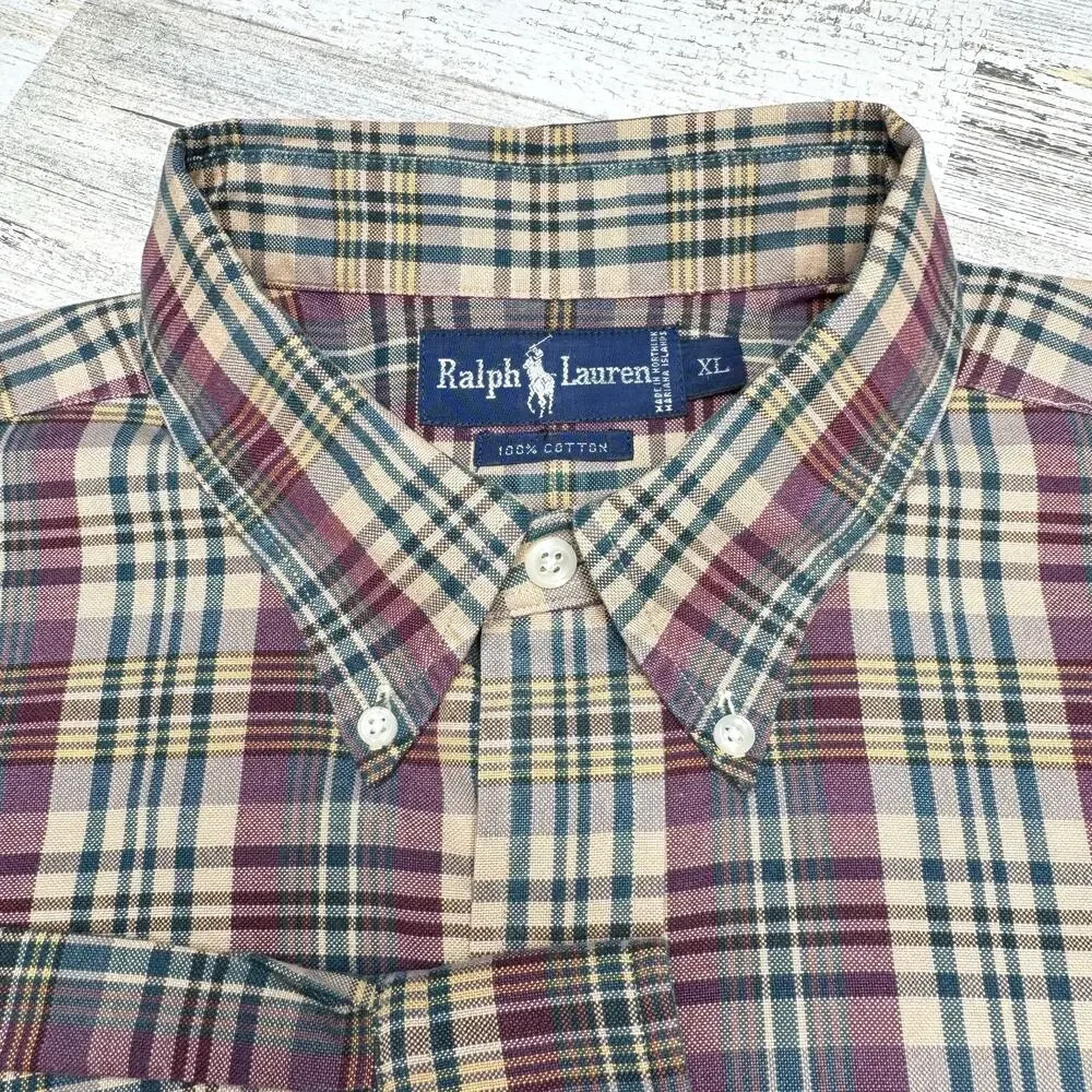 Vintage Polo Ralph Lauren Mens Long Sleeve Button Down Shirt Sz XL Plaid Cotton
